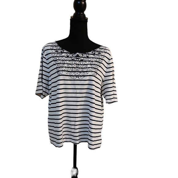 Rafaella Striped Floral Embroidered Pull Over Top 100% Cotton Size XXL - Picture 1 of 7